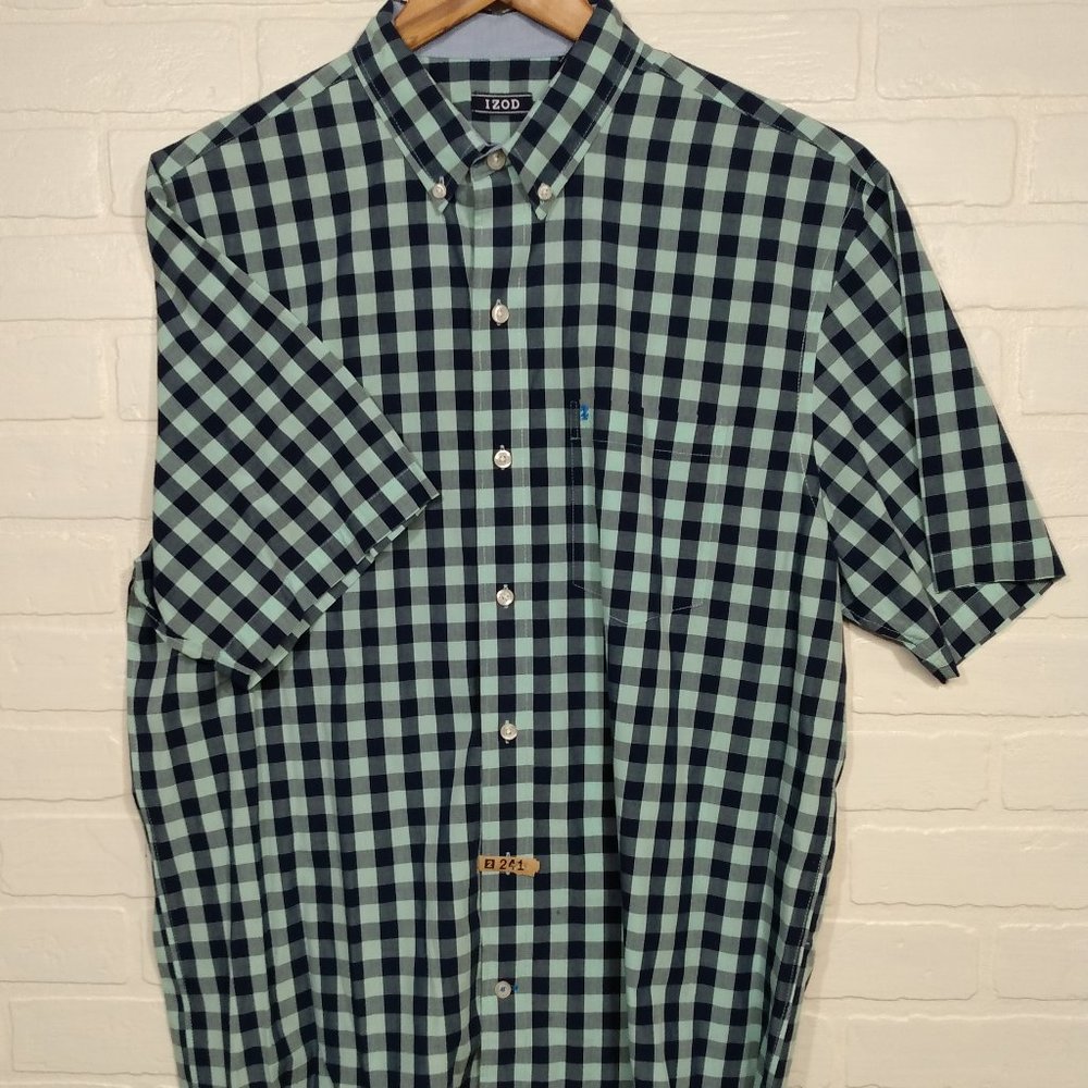 Izod men's blue and turquois plaid men's short sleeve button shirt M medium - Picture 2 of 8